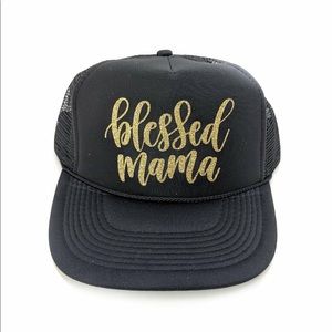blessed mama gold glitter on black trucker hat